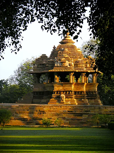 Sandstone temple at Khajuraho glowing in evening light