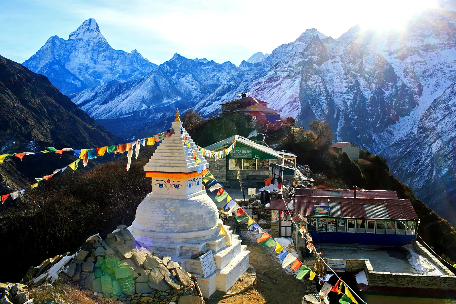 Stupa and prayer flags below Ama Dablam in the Everest region, Nepal