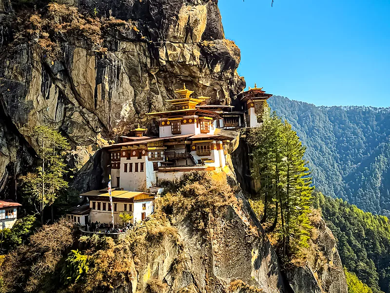 Paro Taktsang, the Tiger's Nest monastery, clinging to a cliff in Bhutan
