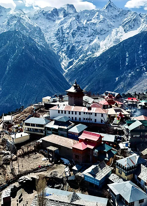 Kalpa village below snow peaks in the Himalayas
